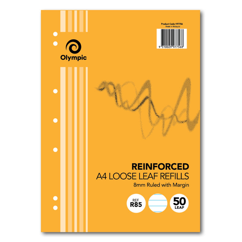 Olympic R85 reinforced refill with an orange cover, holes down the left edge, a scribble artwork and a Product Code barcode label at the top