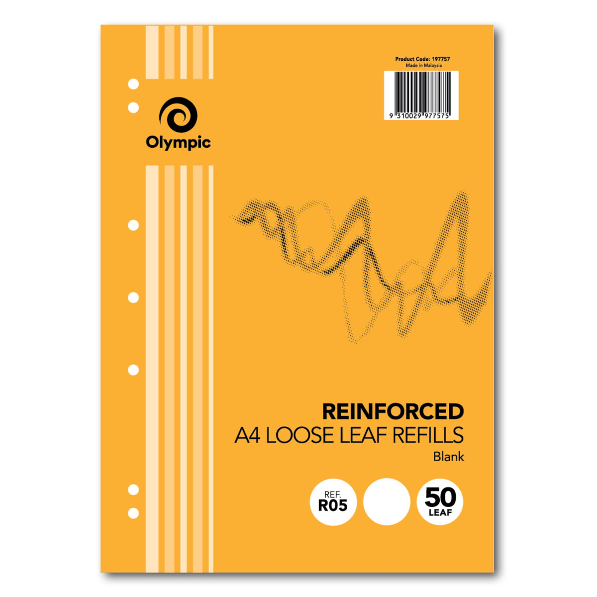 Olympic R05 blank refill cover in orange with a white stripe band, a scribble design and a barcode label reading Product Code 197757