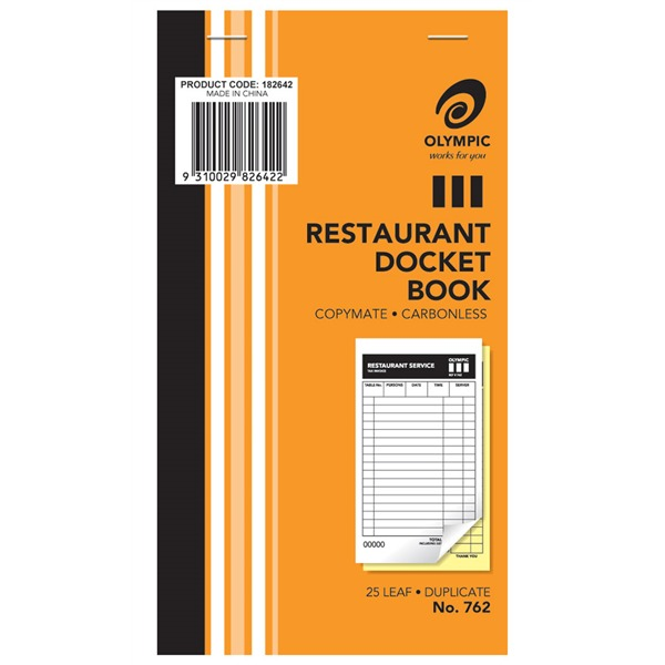 Orange Olympic Restaurant Docket Book No. 762 cover, Copymate carbonless, 25 leaf duplicate, with product code 182642 label and a Restaurant Service docket sample showing the yellow copy