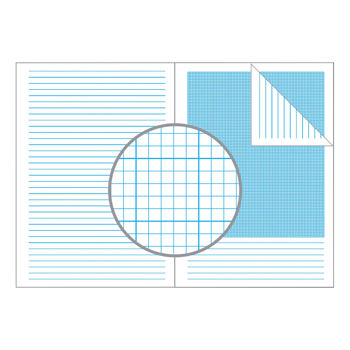 Olympic drawing of an open science book with feint lines on one page and fine blue graph squares above feint lines on the facing page, with a magnifier
