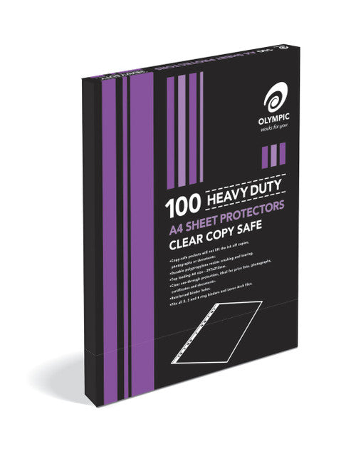 Black and purple Olympic box of 100 heavy duty A4 sheet protectors, clear copy safe, with printed feature list and a line drawing of a punched pocket