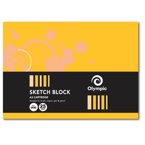 Landscape Olympic A3 sketch block cover in yellow with peach circles above a black band printed Sketch Block, A3 Cartridge, Ref SK60 and 25 Leaf
