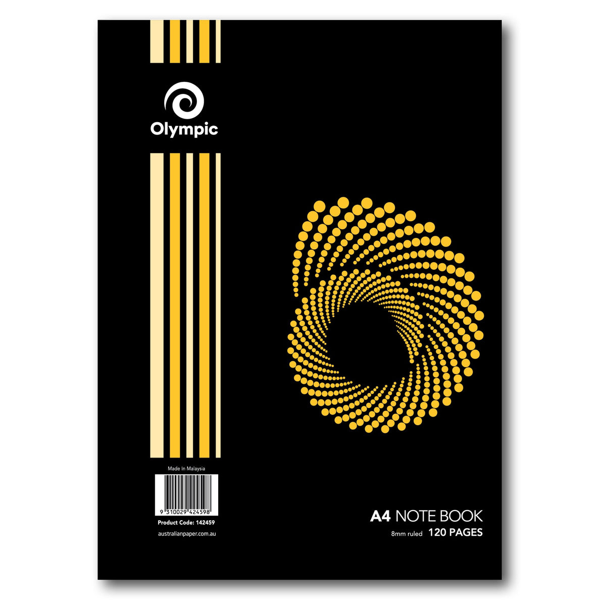 Current Olympic A4 note book cover in black with yellow stripes and a yellow dotted swirl, printed 8mm ruled 120 pages with product code 142459