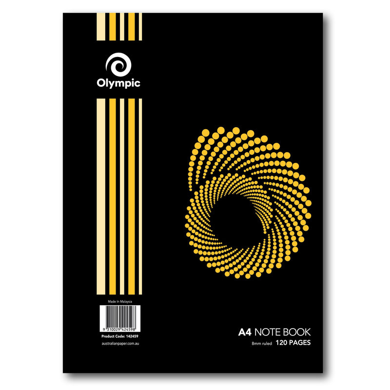 Current Olympic A4 note book cover in black with yellow stripes and a yellow dotted swirl, printed 8mm ruled 120 pages with product code 142459