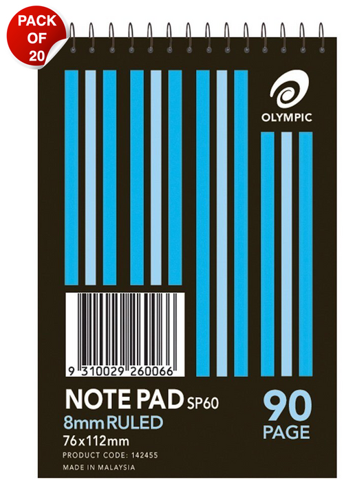 Olympic Note Pad SP60 black cover with blue stripes and a top spiral, 8mm ruled, 76x112mm, 90 page, with a red Pack of 20 badge