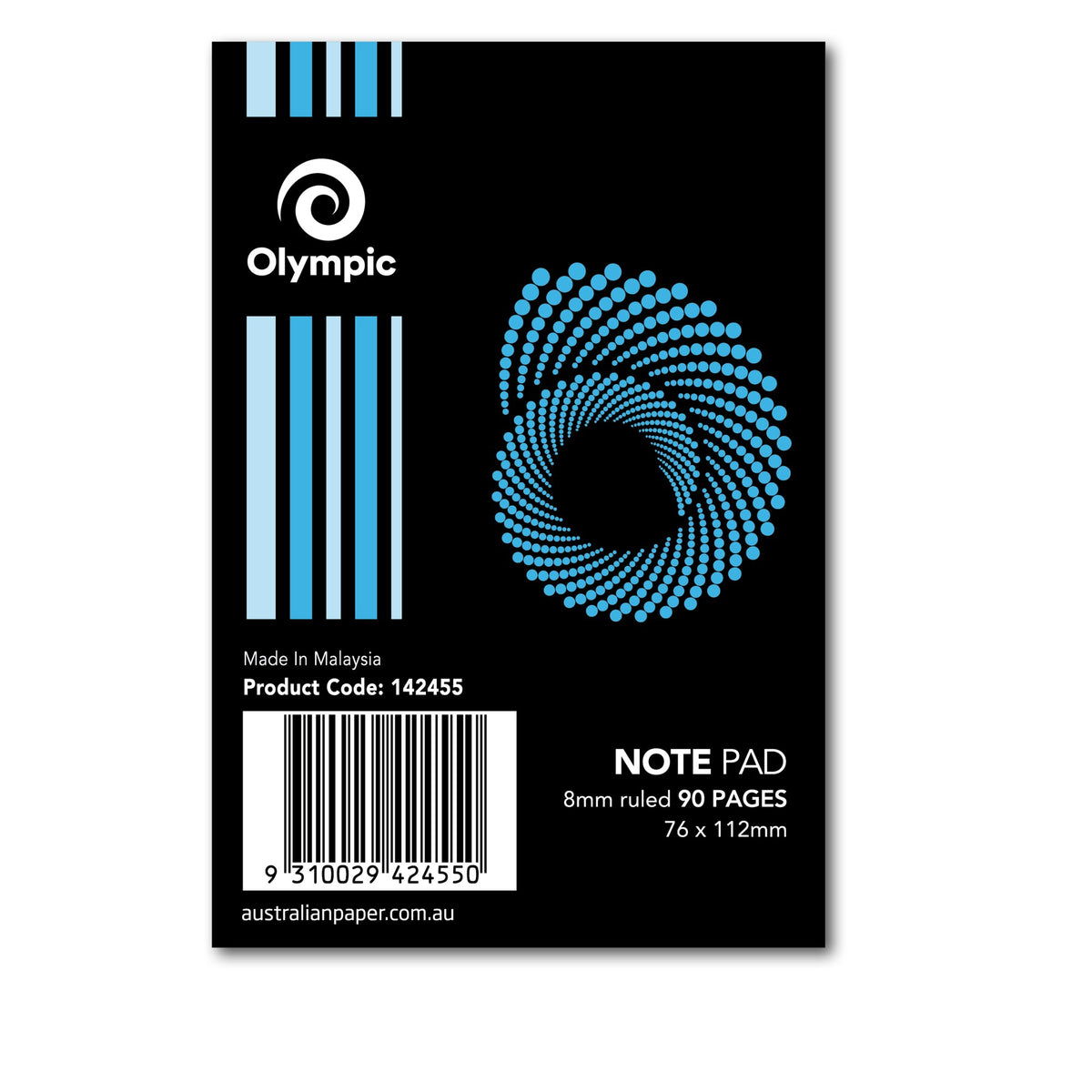 Current Olympic note pad cover in black with blue stripes and a blue dotted swirl, printed 8mm ruled 90 pages 76 x 112mm, product code 142455, Made in Malaysia