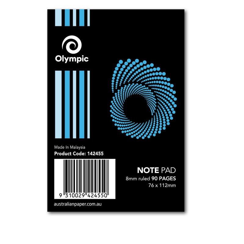 Current Olympic note pad cover in black with blue stripes and a blue dotted swirl, printed 8mm ruled 90 pages 76 x 112mm, product code 142455, Made in Malaysia