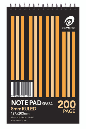 Olympic Note Pad SP63A black cover with orange stripes and top spiral, printed 8mm ruled, 127x203mm, 200 page, product code 140997 and Made in Malaysia
