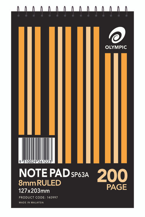 Olympic Note Pad SP63A black cover with orange stripes and top spiral, printed 8mm ruled, 127x203mm, 200 page, product code 140997 and Made in Malaysia