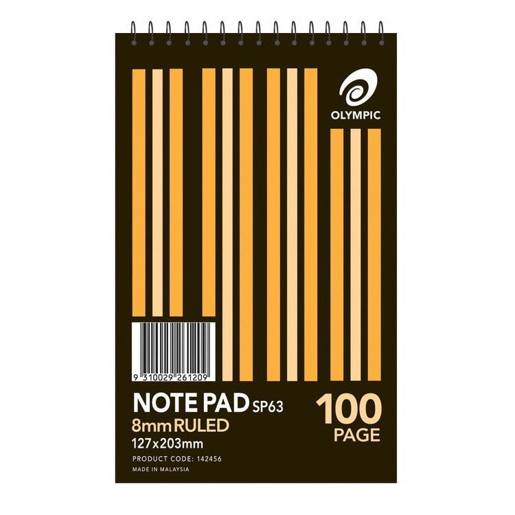 Olympic SP63 spiral note pad cover showing 8mm ruled, 127x203mm, 100 page, product code 142456 and Made in Malaysia below the barcode