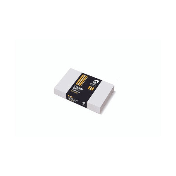 Stack of plain white unruled Olympic system cards held by a black band with orange stripes printed System Cards 100x150mm and 100 Cards