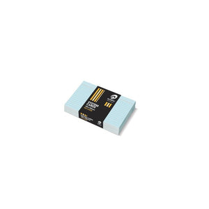 Stack of pale blue ruled Olympic system cards wrapped in a black band printed System Cards 100x150mm and 100 Cards with orange stripes