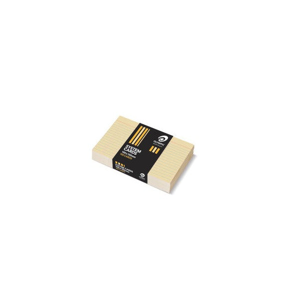 Pack of buff Olympic system cards with blue ruled lines and a red heading line, held by a black band printed System Cards 100x150mm and 100 Cards