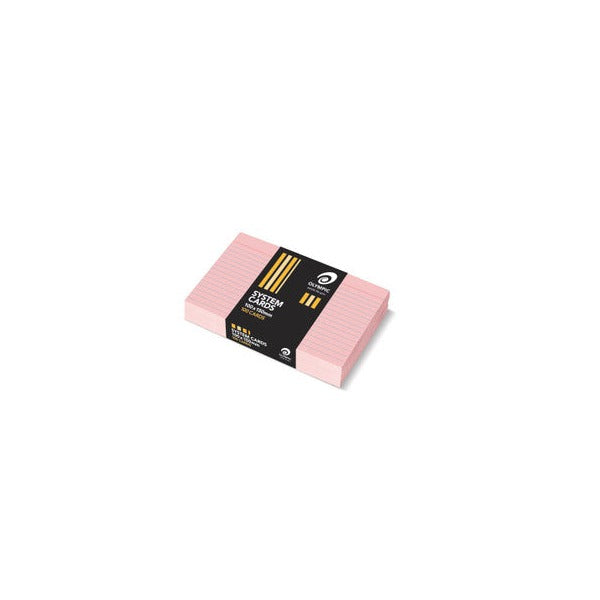 Light pink Olympic system cards with blue ruled lines, stacked and wrapped in a black Olympic band labelled System Cards 100x150mm and 100 Cards