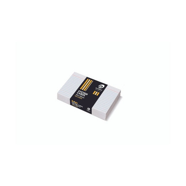 White Olympic system cards with pale blue ruled lines and a red top line, stacked under a black band printed System Cards 100x150mm and 100 Cards