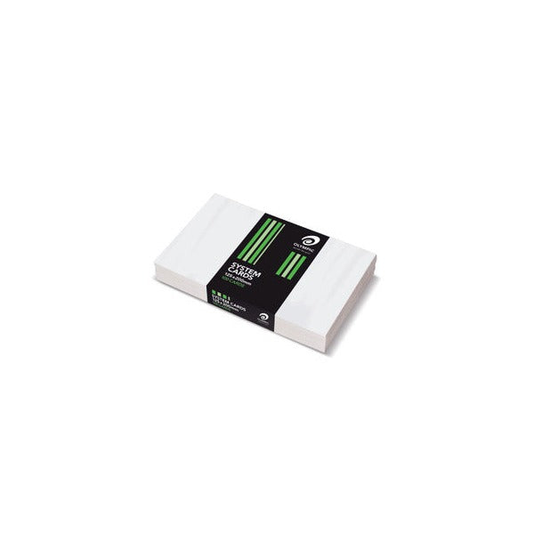 Stack of plain white unruled Olympic system cards held by a black band with green stripes printed System Cards 125x200mm 100 Cards