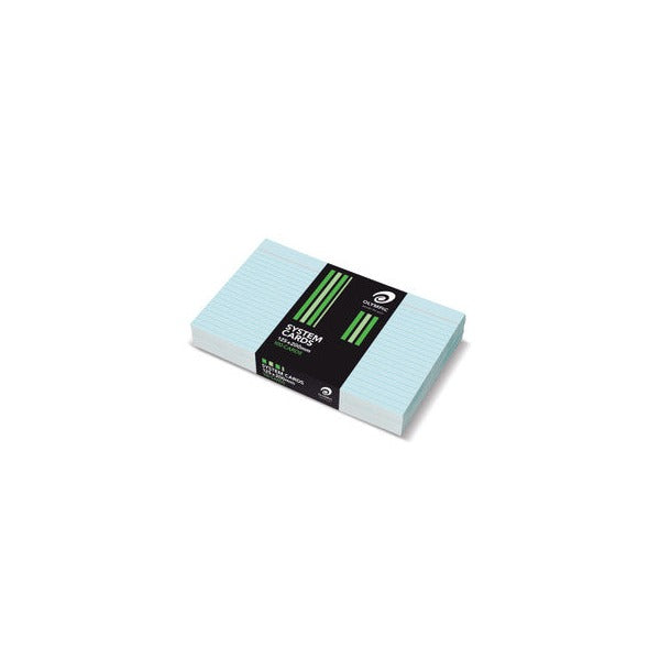 Pale blue ruled Olympic system cards in the large size, stacked under a black band with green stripes printed System Cards 125x200mm 100 Cards