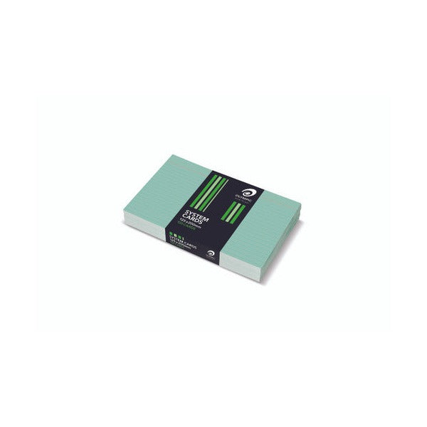 Pack of pale green Olympic ruled system cards with blue lines, held by a black band with green stripes printed System Cards 125x200mm 100 Cards