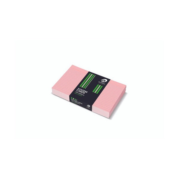 Stack of light pink Olympic system cards ruled in blue, wrapped in a black band with green stripes reading System Cards 125x200mm 100 Cards
