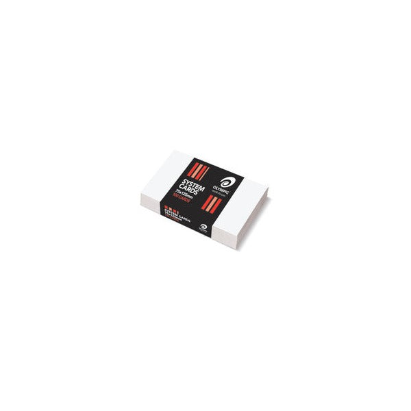 Stack of blank white Olympic system cards in the small size, held by a black band with red stripes printed System Cards 75x125mm 100 Cards