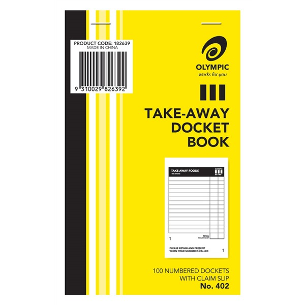Yellow Olympic Take-Away Docket Book No. 402 cover with product code 182639 barcode label and a Take-Away Foods docket sample with a numbered claim slip