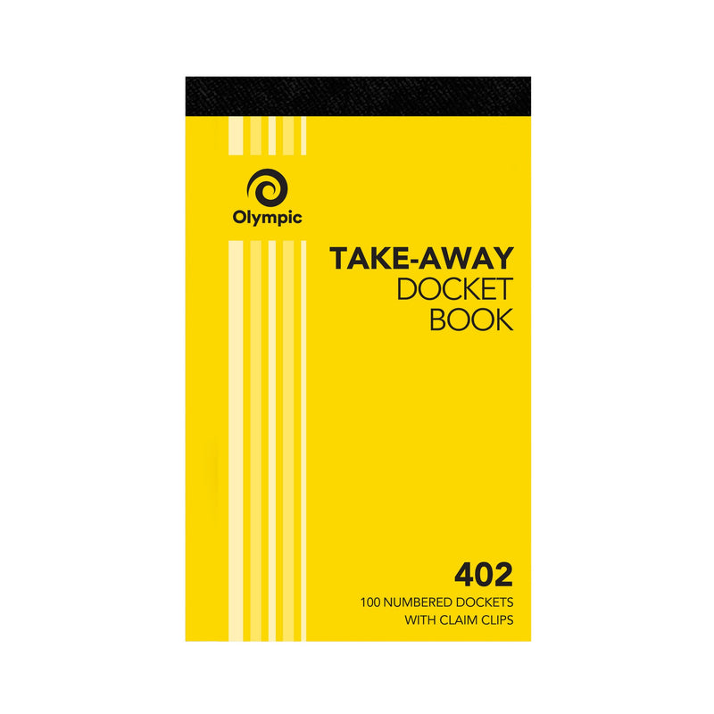 Yellow Olympic Take-Away Docket Book cover with a black strip across the top, printed 402 and 100 numbered dockets