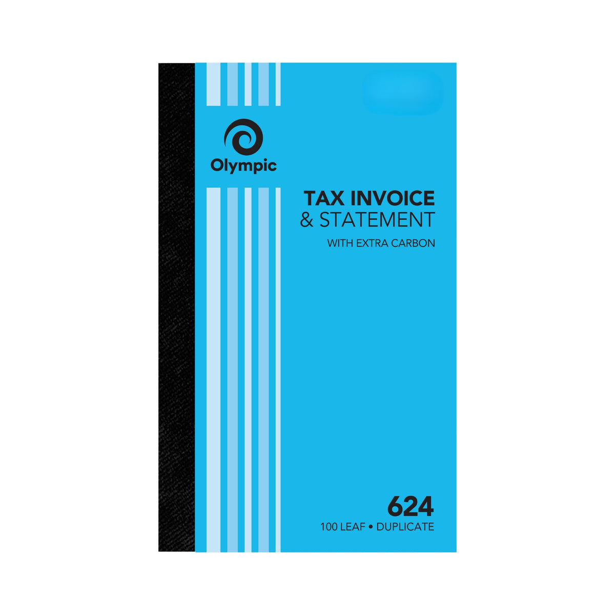 Olympic No. 624 tax invoice and statement book in a blue striped cover with a black spine, printed With Extra Carbon and 100 Leaf Duplicate