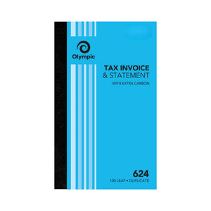 Olympic No. 624 tax invoice and statement book in a blue striped cover with a black spine, printed With Extra Carbon and 100 Leaf Duplicate