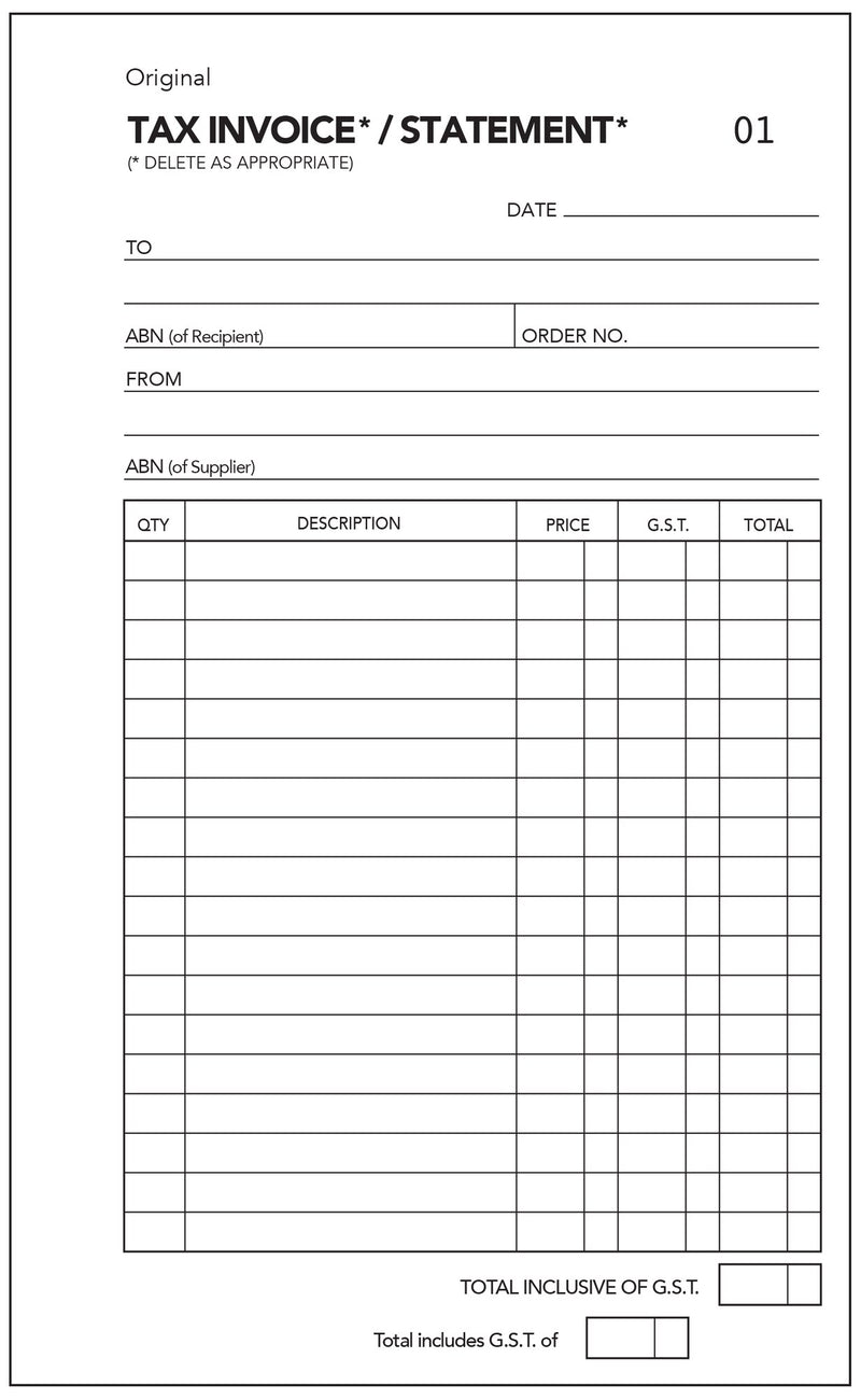 Sample Olympic tax invoice and statement form with date, To, From, ABN and order number lines above a qty, description, price, GST and total table