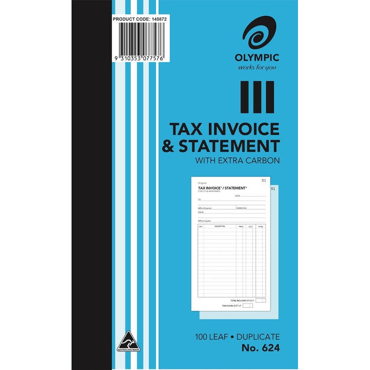 Earlier Olympic No. 624 invoice book cover in blue with a product code 140872 barcode label and a small printed sample of the duplicate invoice form