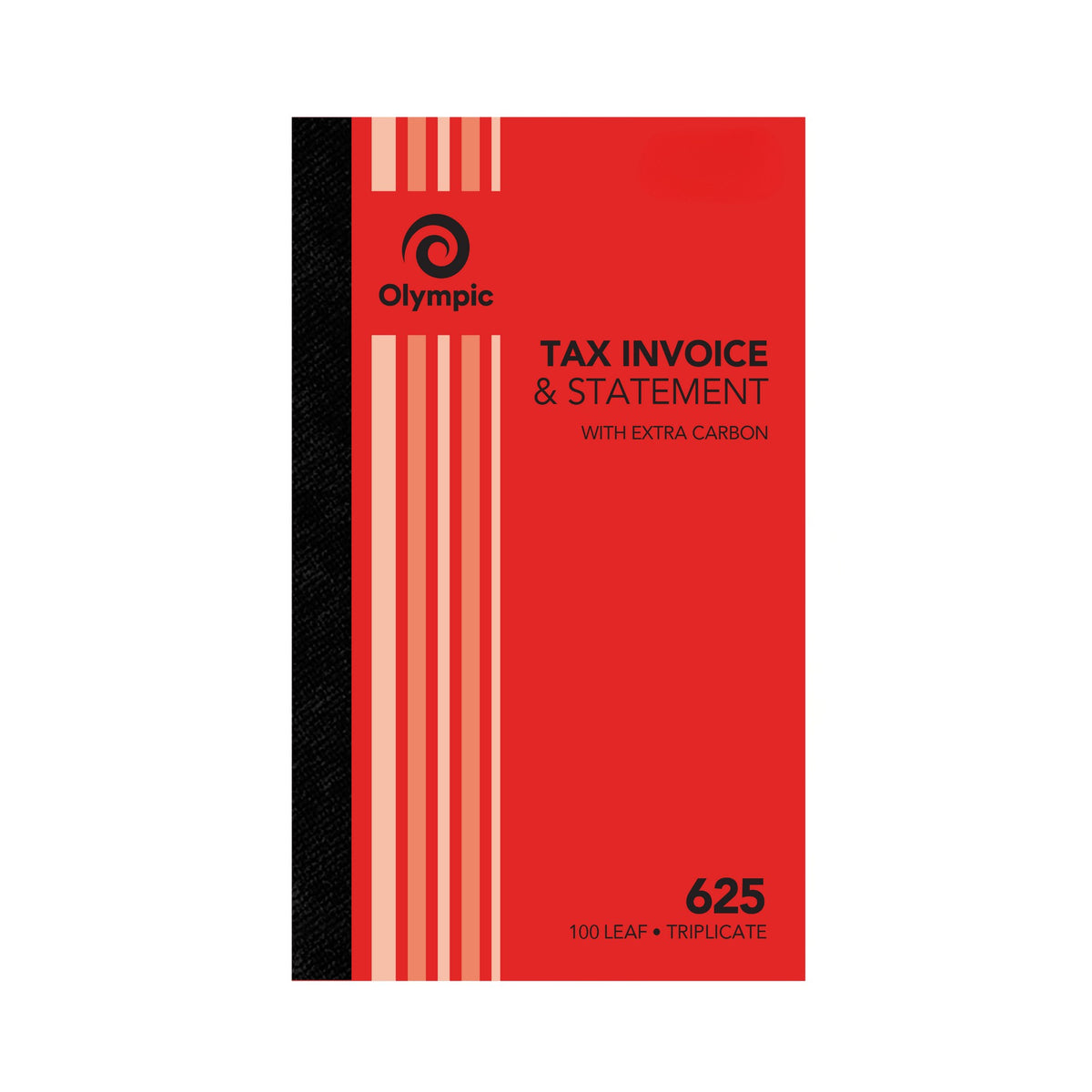 Olympic No. 625 tax invoice and statement book with a red striped cover and black spine, printed With Extra Carbon and 100 Leaf Triplicate