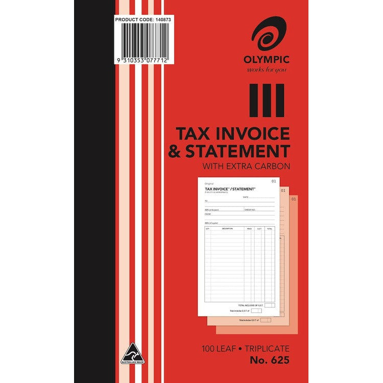 Earlier red Olympic No. 625 invoice book cover with a product code 140873 barcode label and a sample form fanned over pink and peach copy sheets