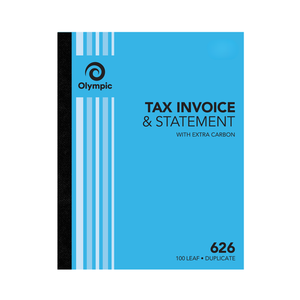 Olympic No. 626 tax invoice and statement book, blue striped cover with a black spine, printed With Extra Carbon and 100 Leaf Duplicate