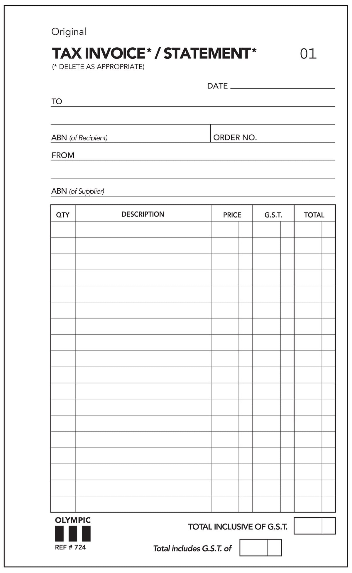 Blank Olympic tax invoice and statement form with ABN lines, an order number box and qty, description, price, G.S.T. and total columns