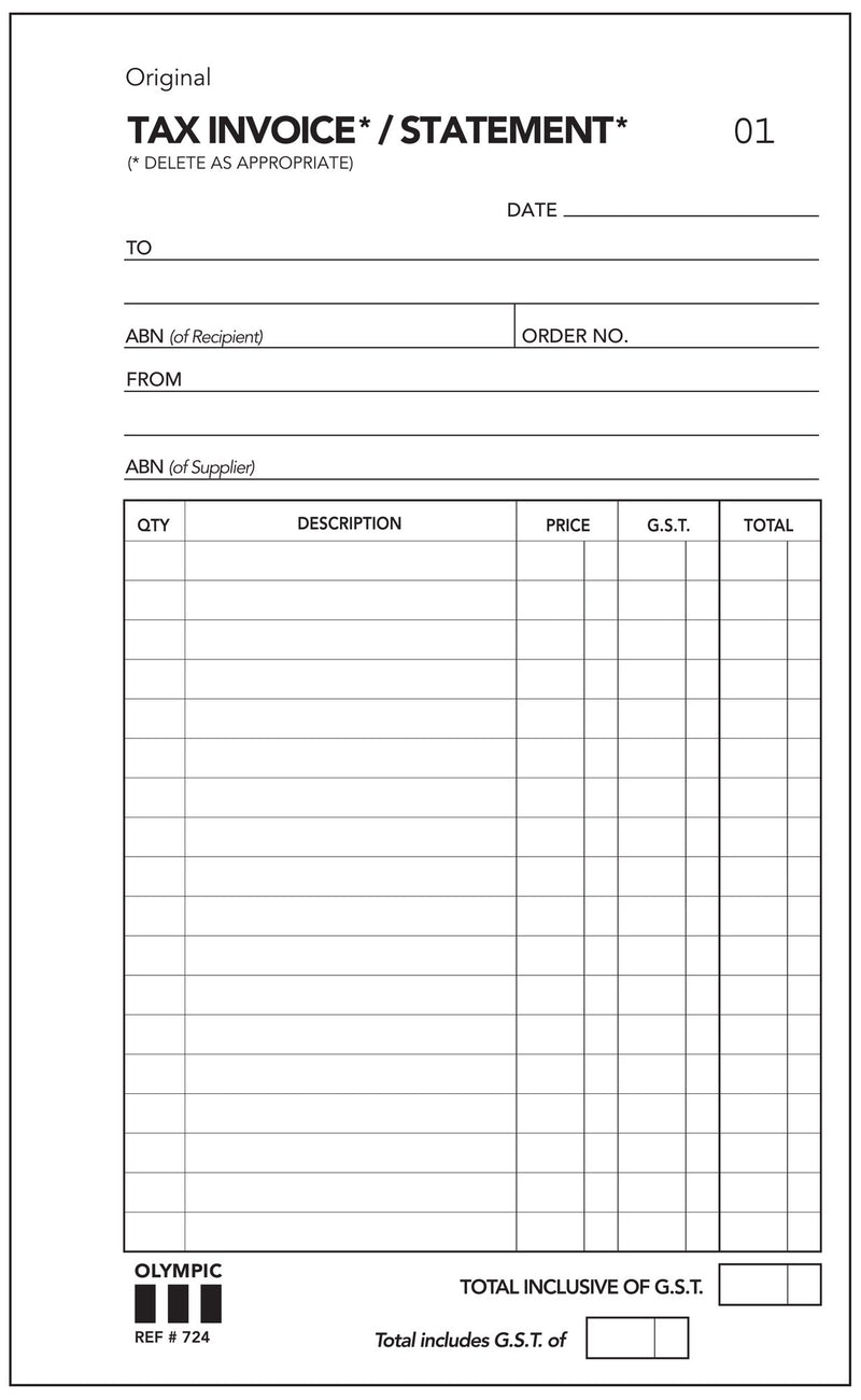 Blank Olympic tax invoice and statement form with ABN lines, an order number box and qty, description, price, G.S.T. and total columns
