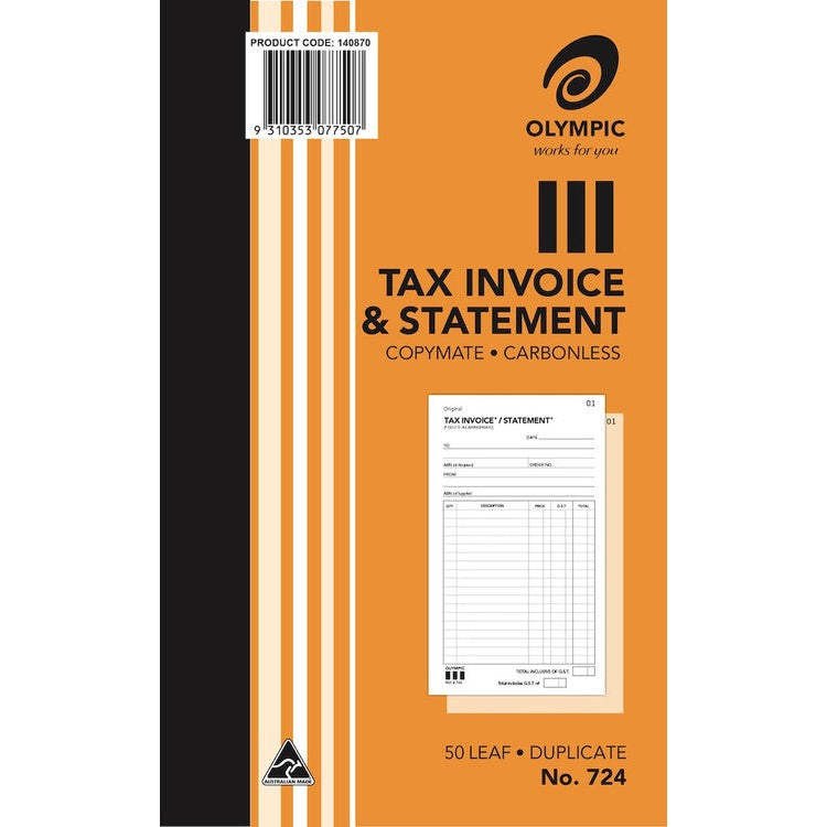 Earlier Olympic No. 724 cover in orange with a product code barcode label, the Olympic logo and a small sample invoice form on the front