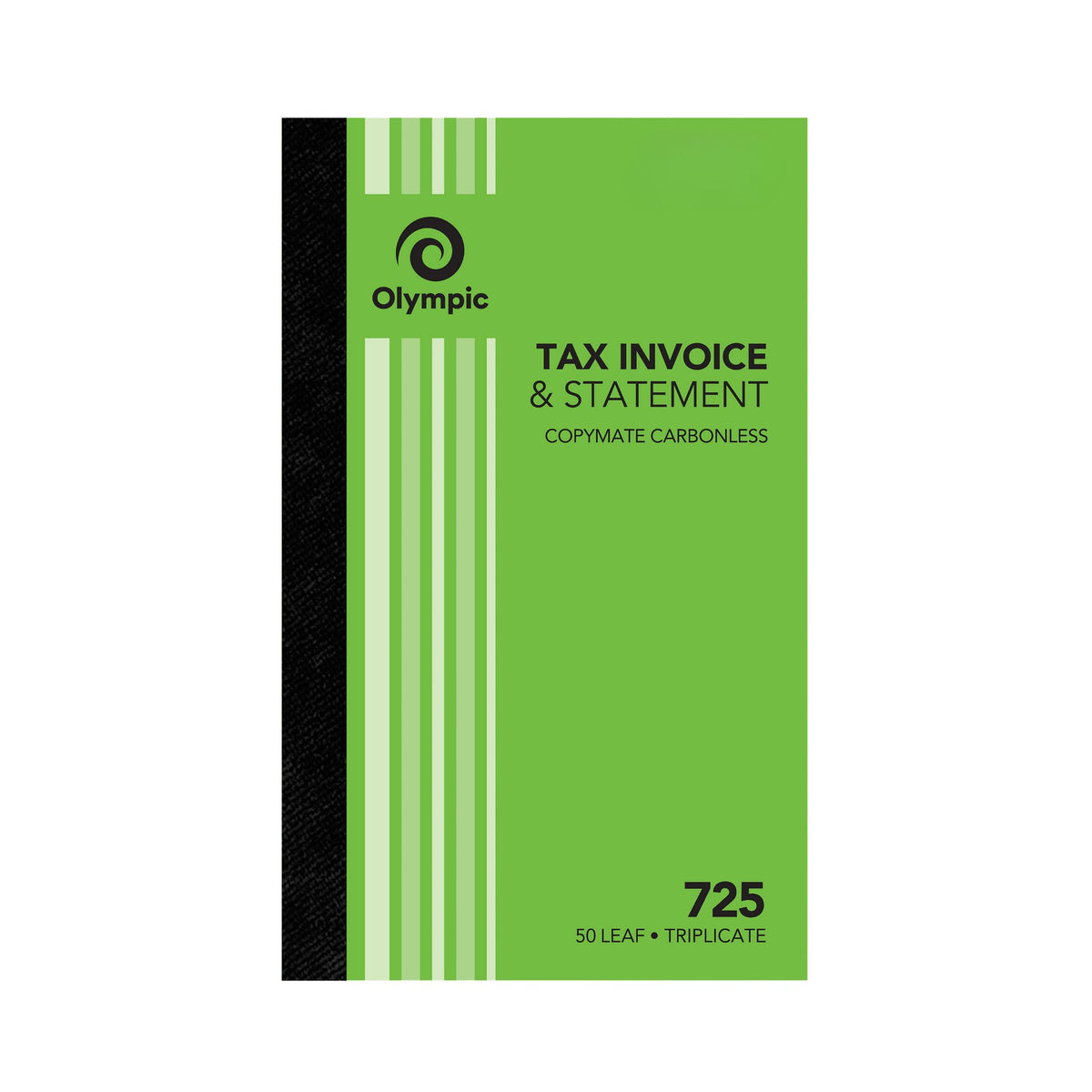 Olympic No. 725 tax invoice and statement book in a green striped cover with black spine, printed Copymate Carbonless and 50 Leaf Triplicate