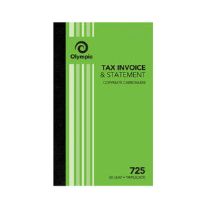 Olympic No. 725 tax invoice and statement book in a green striped cover with black spine, printed Copymate Carbonless and 50 Leaf Triplicate