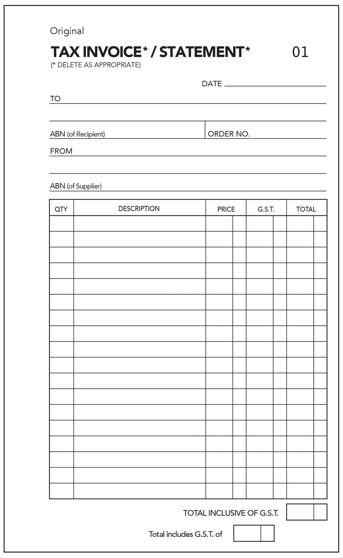 Sample Olympic tax invoice and statement form showing date, to and from lines, two ABN spaces and a qty, description, price, G.S.T. and total table