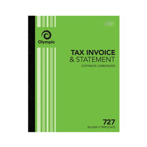 Olympic No. 727 tax invoice and statement book with a green striped cover and black spine, printed Copymate Carbonless and 50 Leaf Triplicate