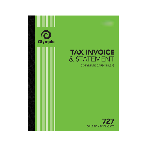 Olympic No. 727 tax invoice and statement book with a green striped cover and black spine, printed Copymate Carbonless and 50 Leaf Triplicate
