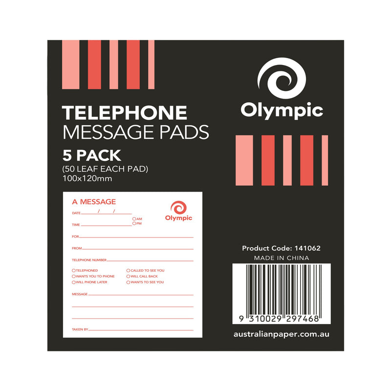 Olympic Telephone Message Pads 5 pack in a black sleeve with red stripes, a sample message form, product code 141062 and a barcode