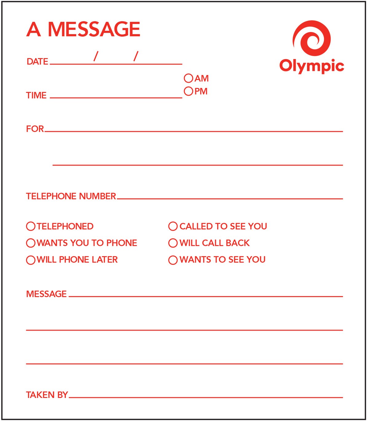 Olympic A Message form layout with date, time, for, telephone number, six tick box options, message lines and a taken by line