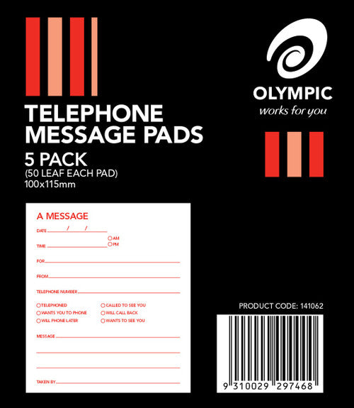 Earlier Olympic telephone message pads 5 pack sleeve printed 50 leaf each pad and 100x115mm with product code 141062