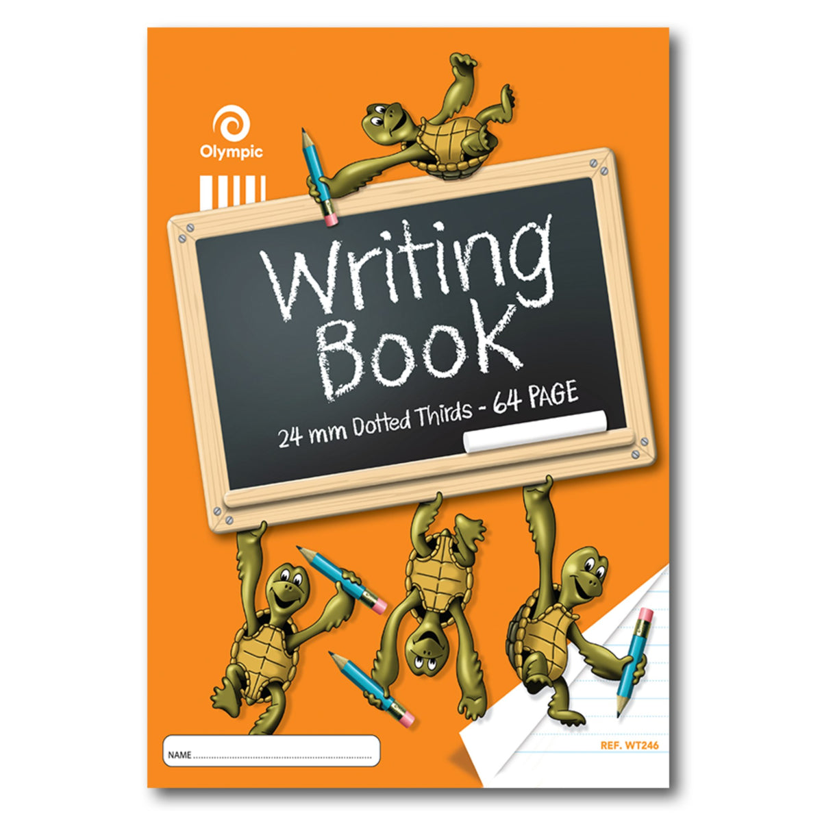 Orange Olympic Writing Book cover with cartoon turtles holding a chalkboard printed 24 mm Dotted Thirds 64 Page, a name line and REF WT246