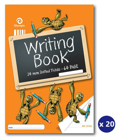 Olympic Turtle writing book WT246 orange cover with cartoon turtles and chalkboard, shown with an x 20 badge for the pack quantity
