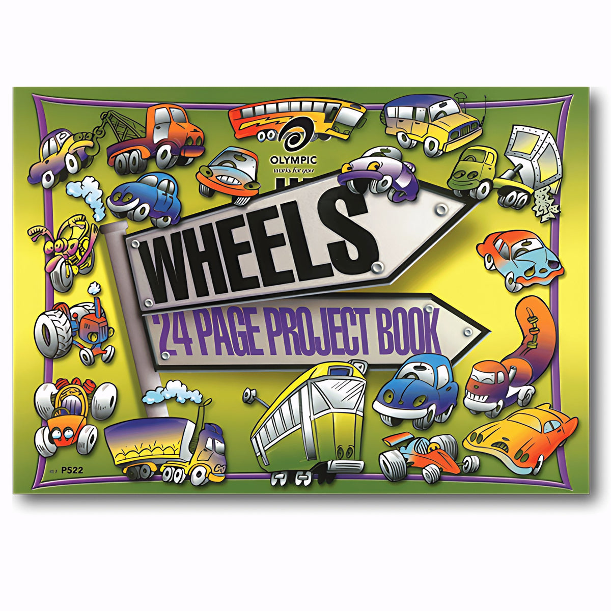 Olympic Wheels landscape project book cover packed with cartoon cars, trucks and buses around a WHEELS sign reading 24 Page Project Book, ref P522