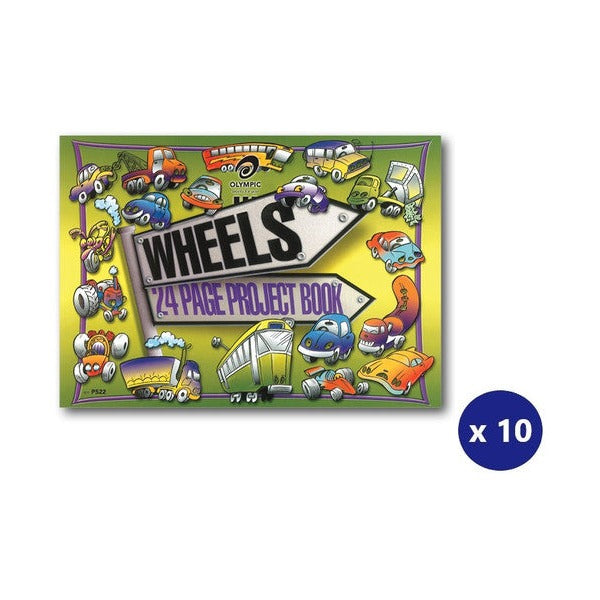 Olympic Wheels P522 project book cover with cartoon vehicles on a green background, shown with an x 10 badge for the pack quantity