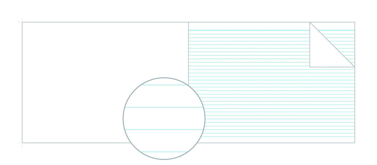 Olympic illustration of an open landscape project book with a blank left page, a ruled right page and a magnified circle showing plain ruled lines