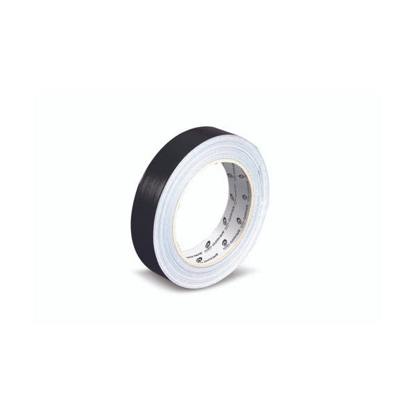 Roll of Olympic black cloth tape 25mm wide showing the black cloth face, the white inner wind and the printed Olympic cardboard core